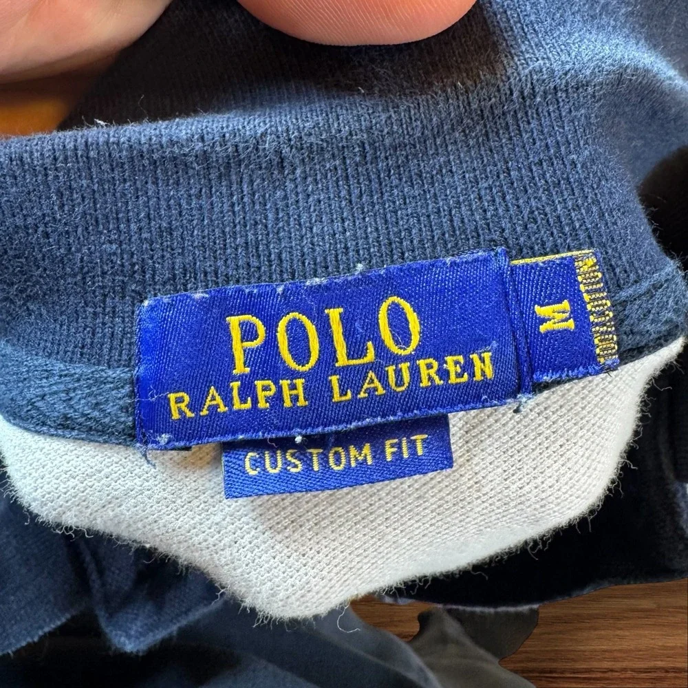Ralph Lauren Custom Fit Long‎ Sleeve Polo Shirt Navy White Stripe Pony Crest M